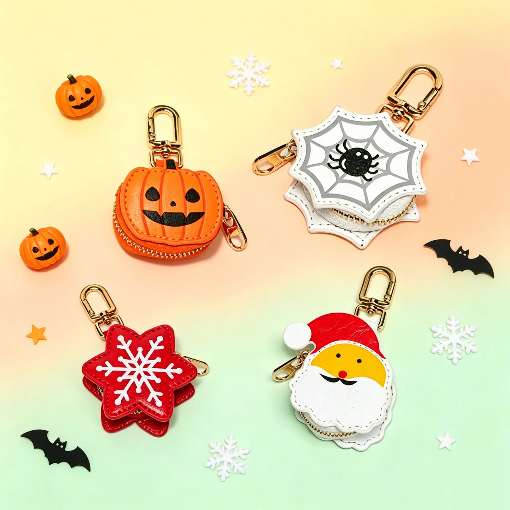 Halloween Mini Pouch Keychain, Cute Spooky Coin Purse,Pumpkin Spider Web Ghost Snowflake Style, Leather MiniWallet Keychain for Bags Keys Halloween Gifts