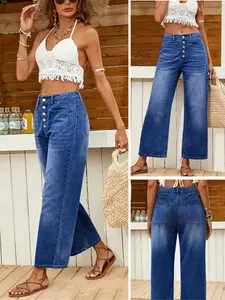 New Women's Denim Jeans, Loose Casual Fit Multi-Buckle Mid-Thigh Jeans, Comfortable Stretch Wide-Leg Daily Wear Pants
