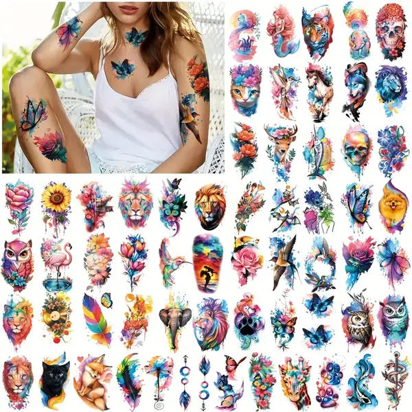 56 Hojas de Tatuajes Temporales Realistas de Acuarela de Animales - Duraderos, Calcomanías de Manga de Tatuaje Falso 3D para Mujeres, Hombres y Adultos - Lobo, Búho, Tigre, León, Arte Corporal para Brazo, Muslo y Más