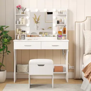 Lifewit 31.5"/35.4"/38.6" Vanity with Mirror, Adjustable Brightness, Makeup Desk with 2 Drawers & Stool for Bedroom Bathroom Makeup Room Mothers Day Gifts