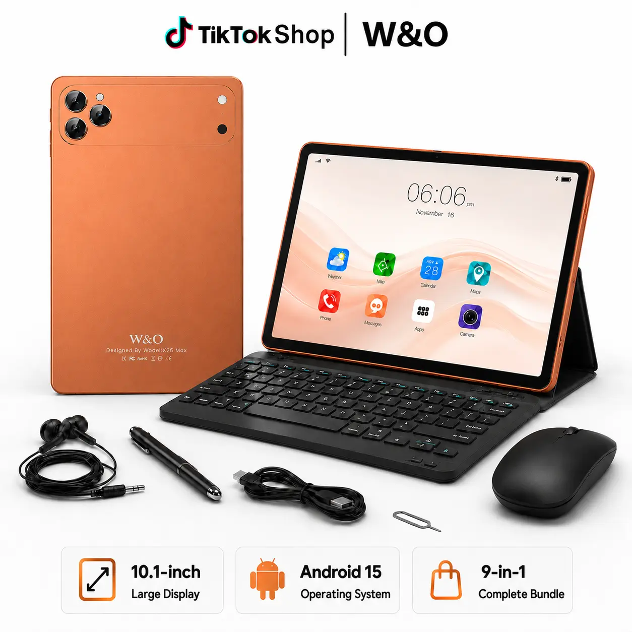 W&O 2026 Android 15 11-in Screen Tablet (12GB RAM+256GB Expandable Storage, 10000mAh Battery) - 5G WiFi, Wireless, USB, Bluetooth, Handheld Design, SIM Card Slot, Basic Bundle (Keyboard, Mouse, Case, Stylus), Dual Rear Camera for Streaming, Back to School