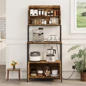 Garvee 68" Industrial Kitchen Bakers Rack with Power Outlet, 6-Tier Storage Shelf with Cabinet, Microwave Stand, Coffee Bar Station