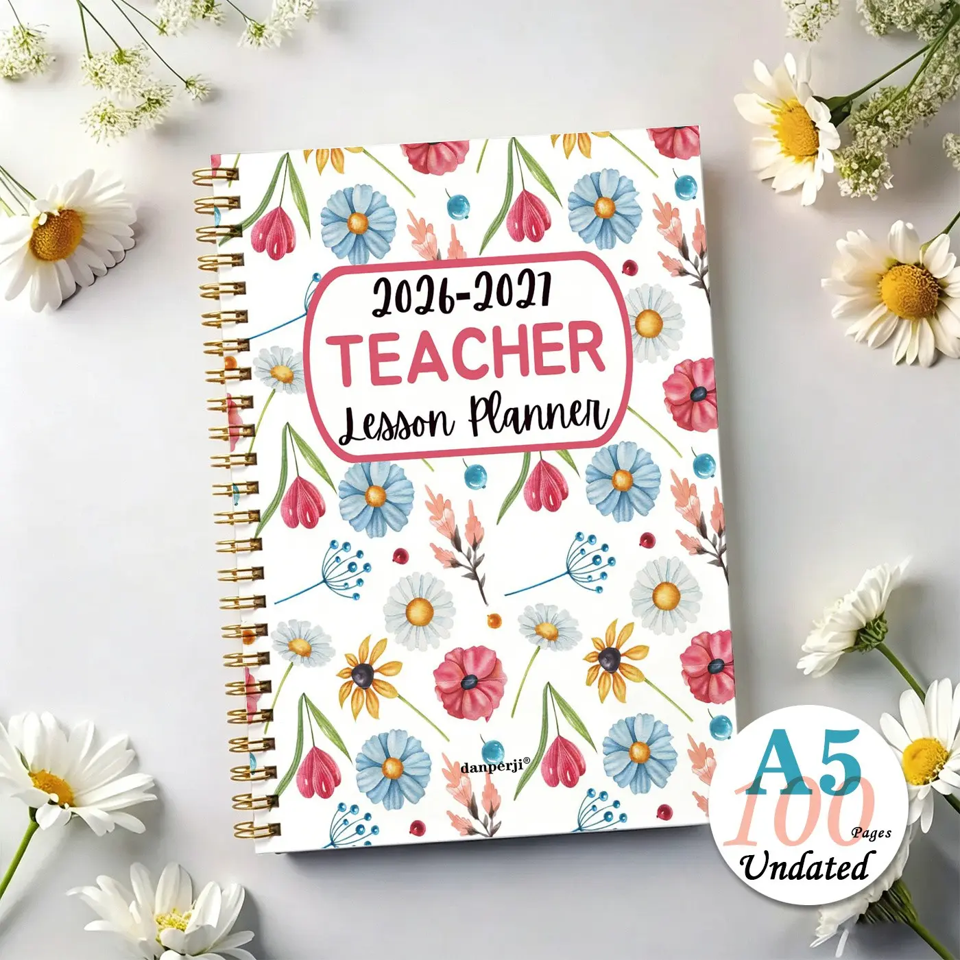 1pc A5 Teacher Planner Notebook, Academic Planner, 100 Pages Undated Spiral Journal, floral cover, Functional Lesson Plan & Grade Record Book for School Teachers