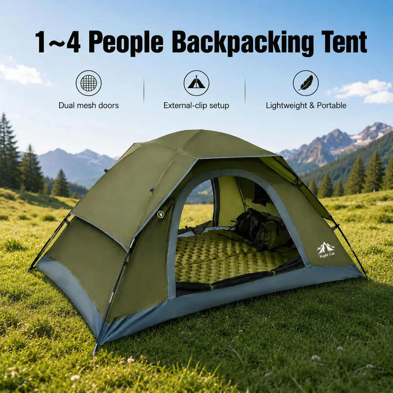 Night Cat Upgraded 1-4 Person Waterproof Windproof Folding Backpacking Tent, 1 Min Easy Clip Setup, 3000mm Heavy Rainproof, 20% More Headroom, Lightweight Compact for Camping, Hiking, Waterproof Tent, Windproof Folding Tent