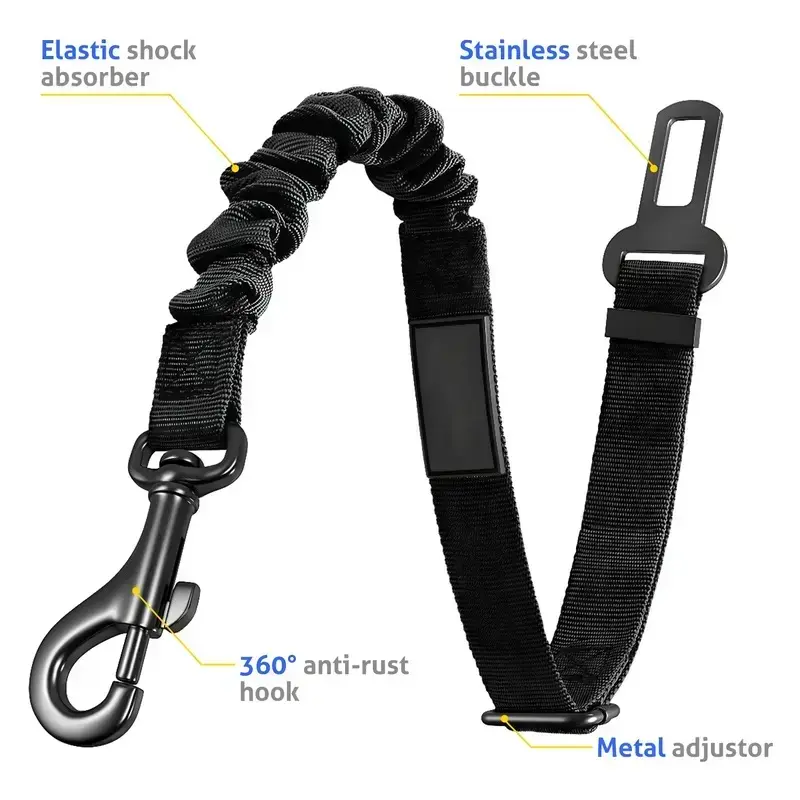 Upgraded Dog Seat Belt, Adjustable Pet Car Harness for Small Medium Large Dogs and Cats, Durable Reflective Pet Vehicle Safety Belt, with Elastic Nylon Buffer, Perfect for Travel and Daily Use (Black)