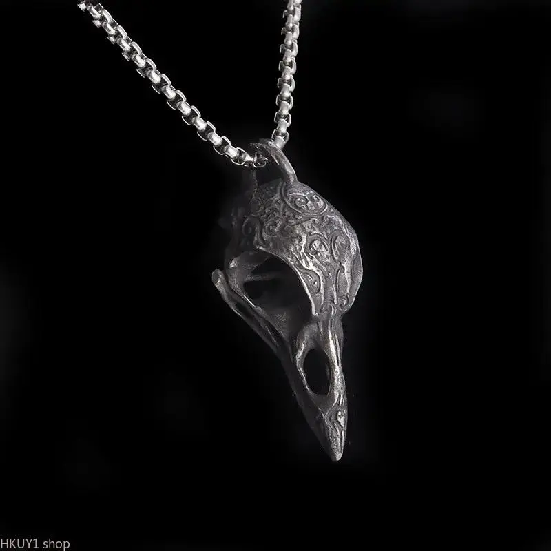 Gothic Crow Skull Alloy Pendant Necklace, Unisex Metallic Nordic Edgy Jewelry, 60cm Chain Bag Accessory Statement Bird Amulet