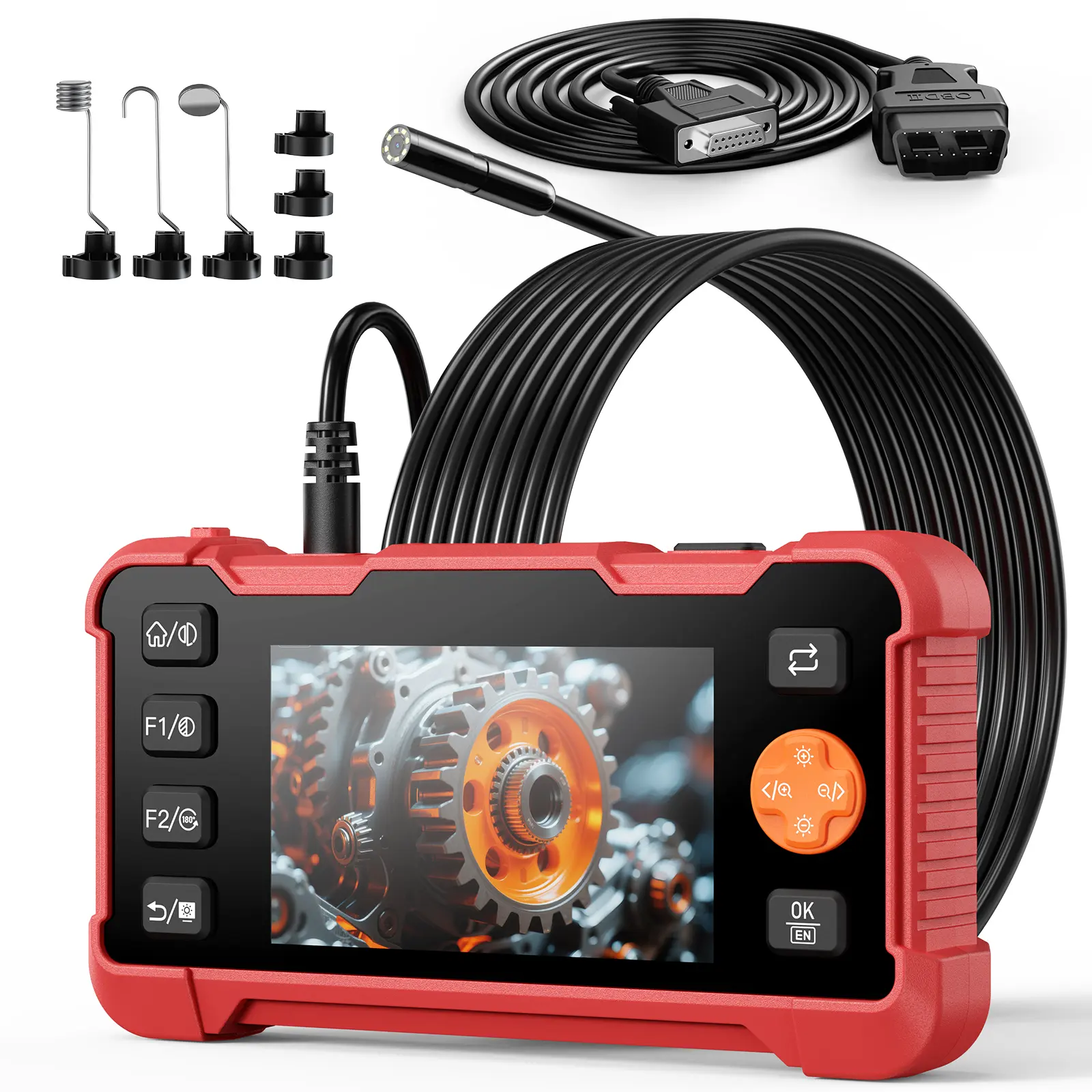 2-in-1 OBD2 Scanner & Automotive Borescope Camera, 4.3" IPS Screen Car Code Reader with 2MP Inspection Camera, Live Data, Clear Codes, IP67 Semi-Rigid Probe, No WiFi or App Needed-1M