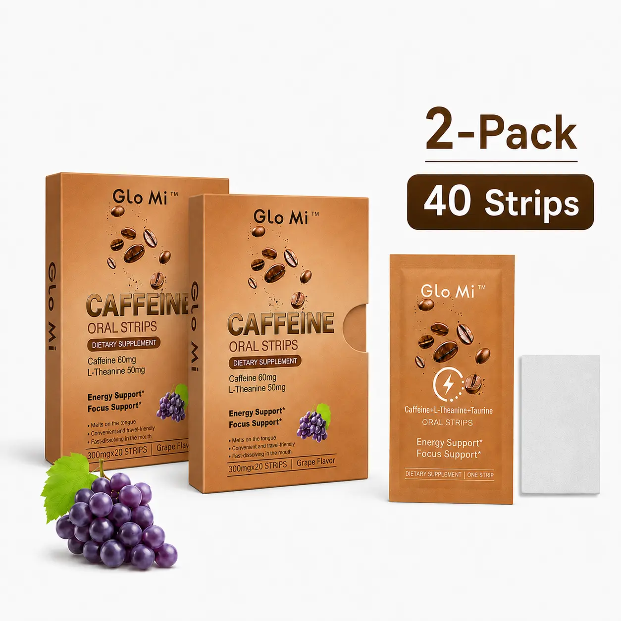 Caffeine Quick Melt Oral Strips | Dissolvable Energy & Focus Support Supplement | Caffeine 60mg + L-Theanine 50mg + Taurine | Sugar-Free, Grape Flavor | 40 Strips