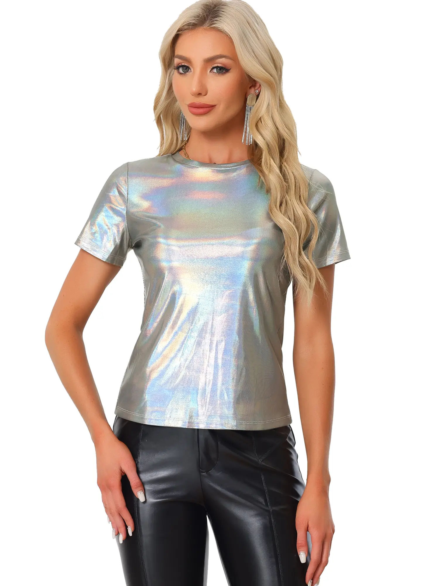 INSPIRE CHIC Party Metallic Textured Short Sleeve Shiny Multicolor Top
