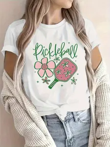 Wo Pickleball Graphic T-Shirt| Soft Breathable Short Sleeve Crew Neck Top with Paddle and Ball Design, Relaxed Fit Casual Summer Tee, Vibrant Pickleball-Themed Design with Paddle and Ball Graphics, Ideal for Casual Wear and Paddle