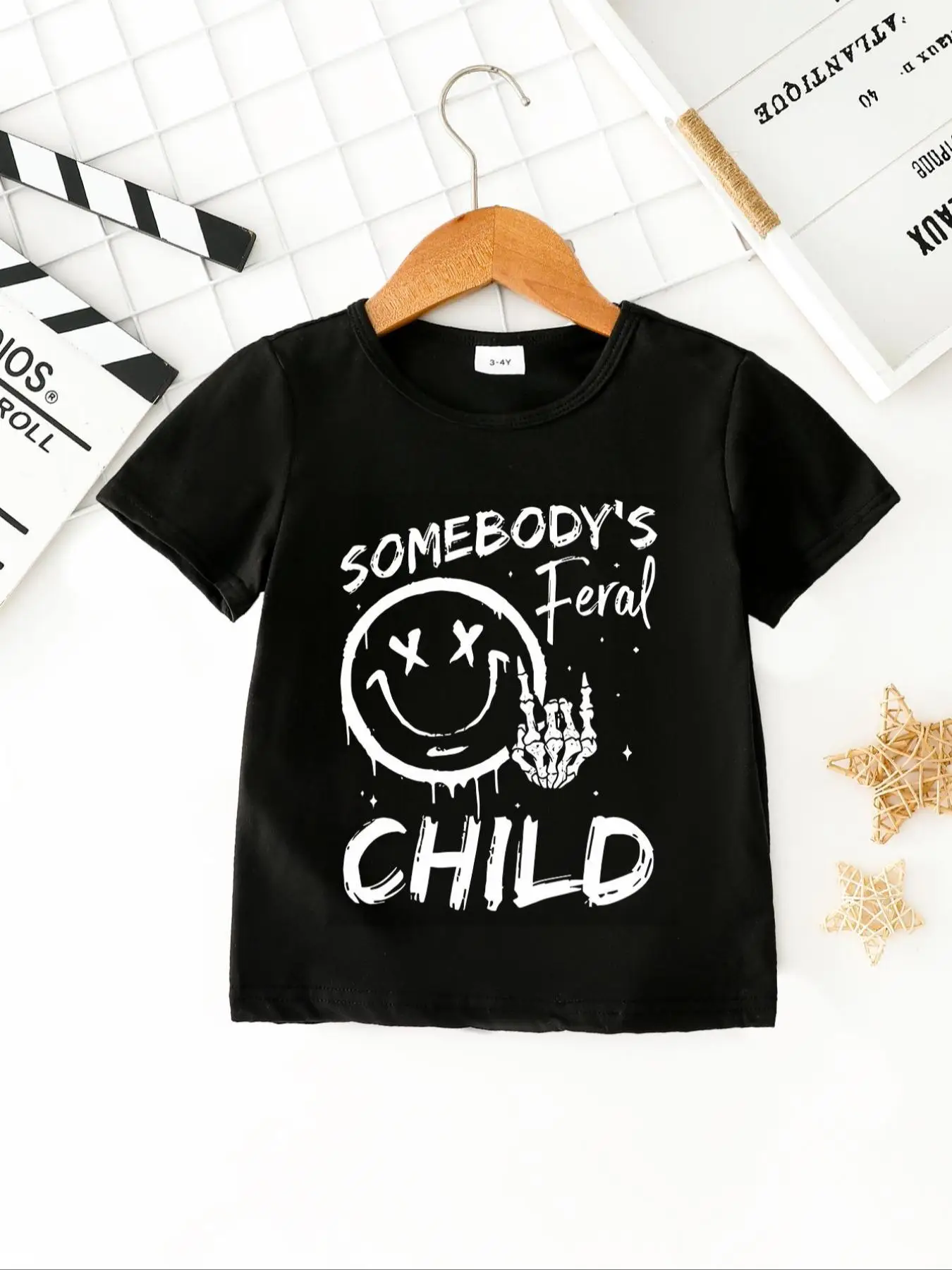Somebody's Ferals Child Letter Print Round Neck Tee, Cute Casual Short Sleeve T-shirt for Summer, Kids Clothes for Daily Wear, Cute Clothes