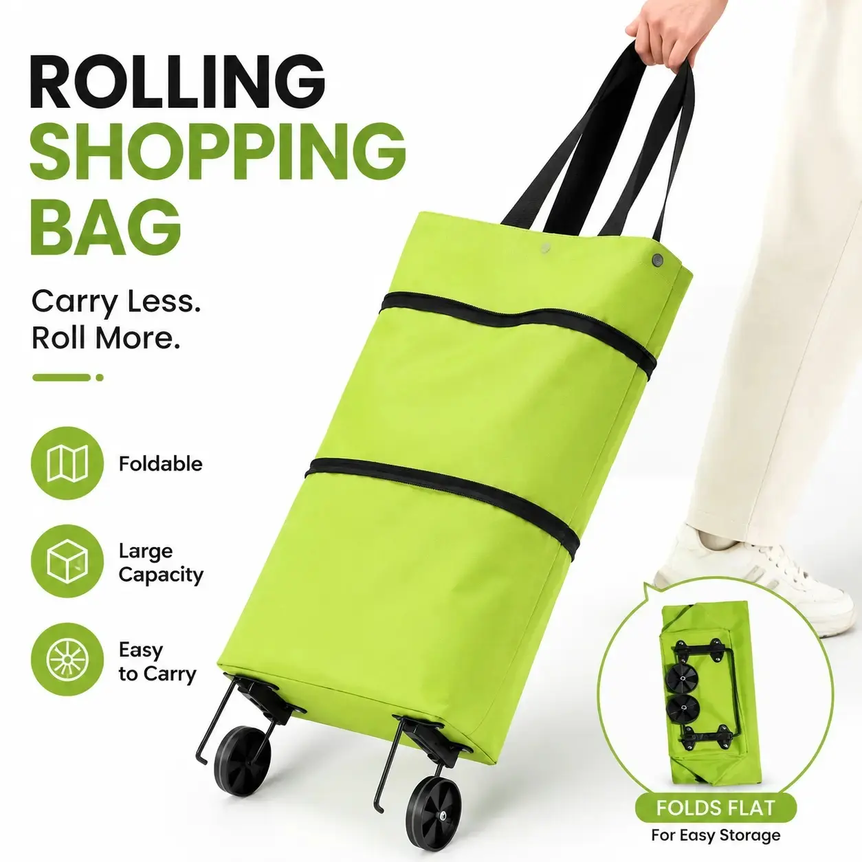 2-in-1 Tote Bag & Rolling Shopping Cart, Foldable Grocery Bag with Wheels, Large Capacity Shopping Tote for Easy Carrying & Rolling