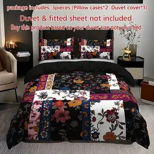 3pcs Patchwork Plaid Floral Bedding Set (1 Fitted Sheet + 2 Pillowcases), High Definition Print, Home Dormitory Use