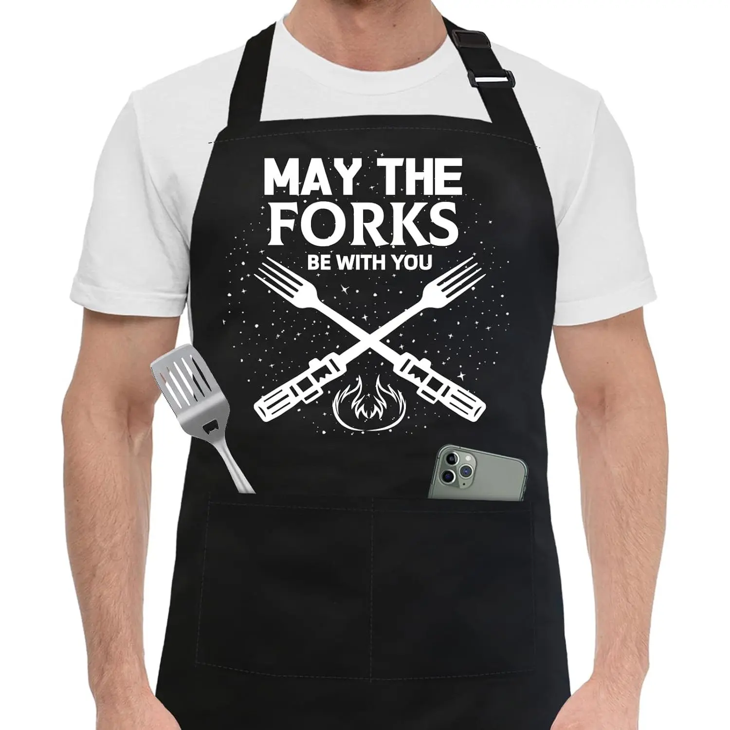 Men's Funny Print BBQ Chef Apron with Belt - Dad Clothes Gift for Birthday, Christmas