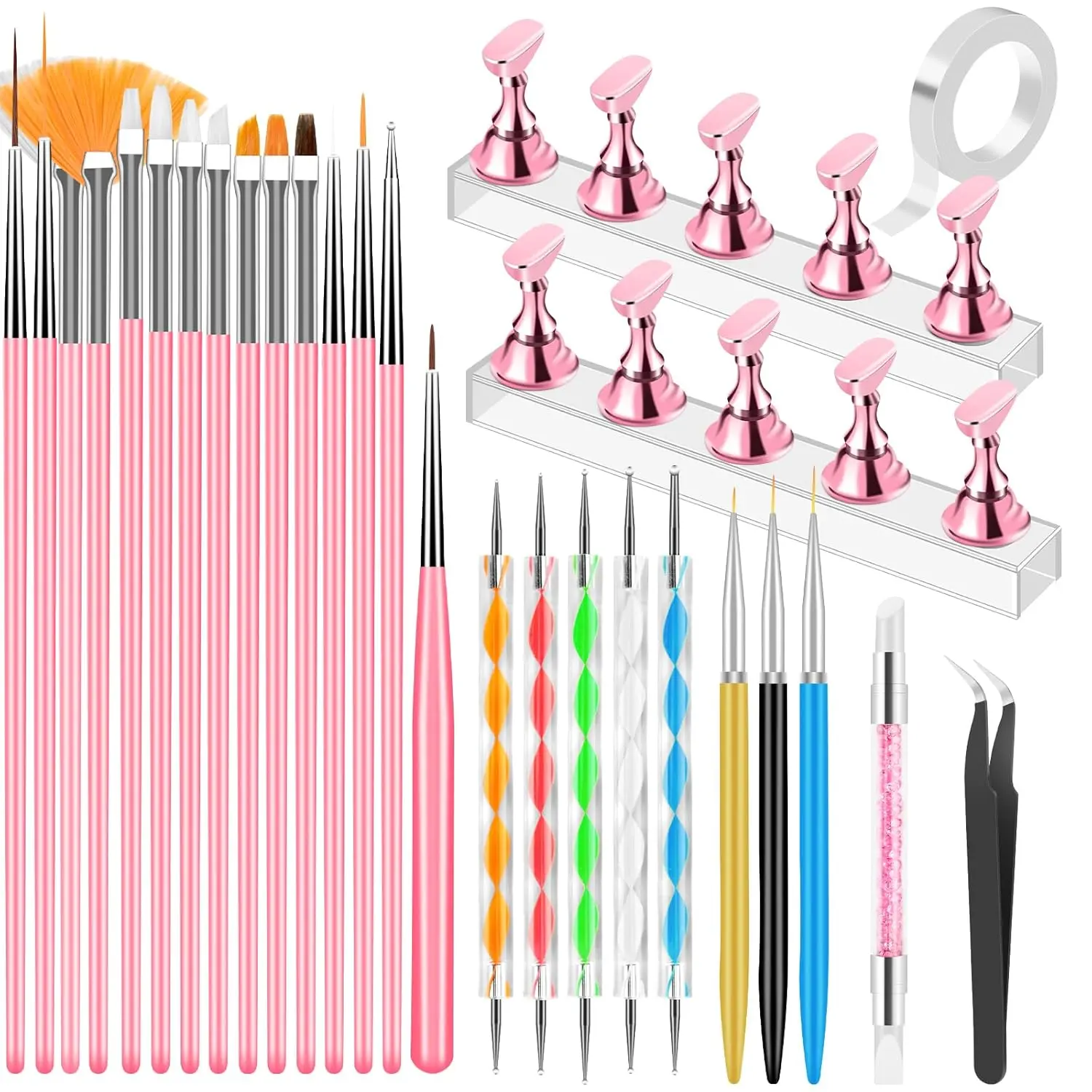 25PCS Nail Art Tools Set, Includes Nail Art Brushes, Nail Stand, Dotting Tools, Striping Liner Fingernail Drawing Pens, Jelly Glue, tweezers, Sequins, Professional Nail Art Supplies Kit