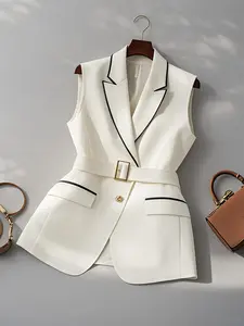 Women's Fashion Fitted Elegant Chic Minimalist Trendy Blazer Jacket Sleeveless, Office Casual Outerwear with Belt Decoration, Daily Wear Waistcoat for Ladies, Stylish Women's Clothing