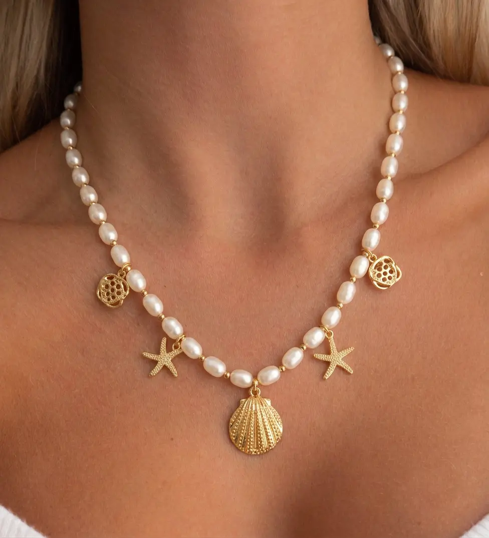 1 Pc Oval Rice Pearl Starfish Seashell Charm Necklace, Dainty Mermaidcore Jewelry for Women, Everyday Essentials Accessories for Summer Beach Vacation, Perfect for Resort Holiday Wear & Pool Party