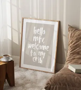 Hello MTV welcome to my crib print, Trendy neutral hallway wall art, Welcome typography posters, neutral beige 90s aesthetic apartment decor