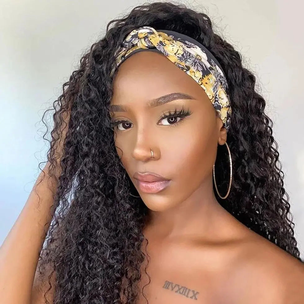Headband Wig Deep Wave Human Hair None Lace Machine Made Glueless Half Wigs For Black Women Natural Color Real Human Hair Extensions Raw Hair Bundles