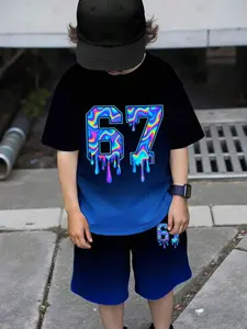 Boys' Cartoon Print Vibrant Gradient Short Sleeve Shorts Set, Loose Fit Streetwear Two-Piece Suit, Casual Summer for Kids