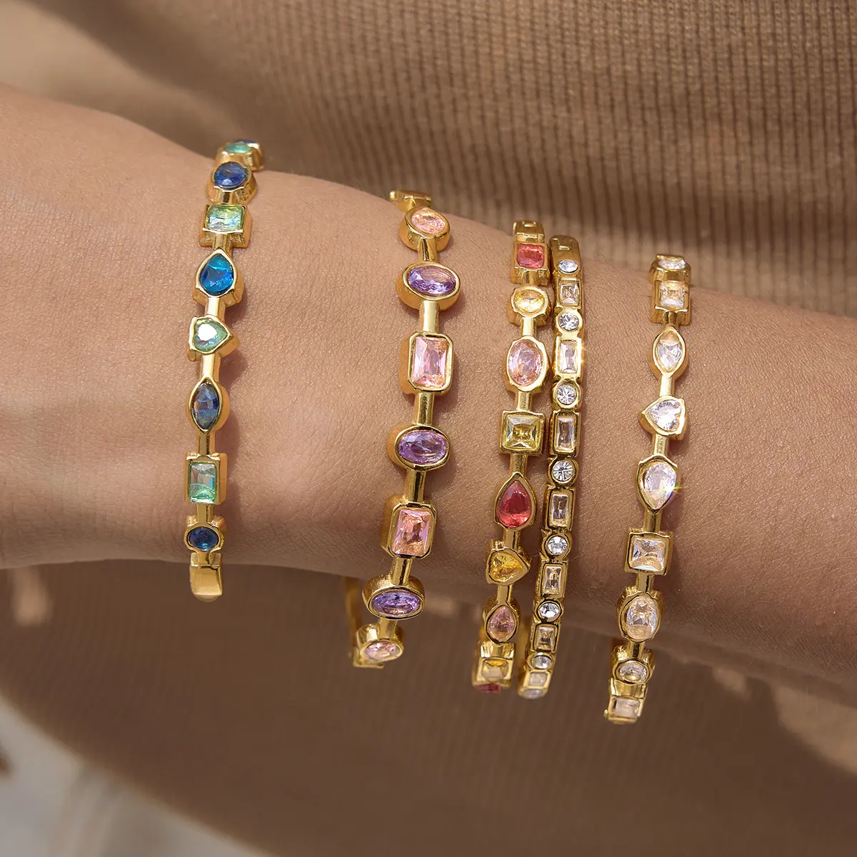 Emma's Heart Multi‑Color Gemstone Bangle Bracelet 316L Titanium Steel