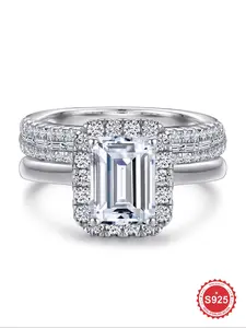 S925 Sterling Silver Luxury Rectangle   Artificial Zircon  Engagement Ring Set, Elegant Promise Wedding Ring, Fashion Ladies Anniversary Jewelry, Dating Gift
