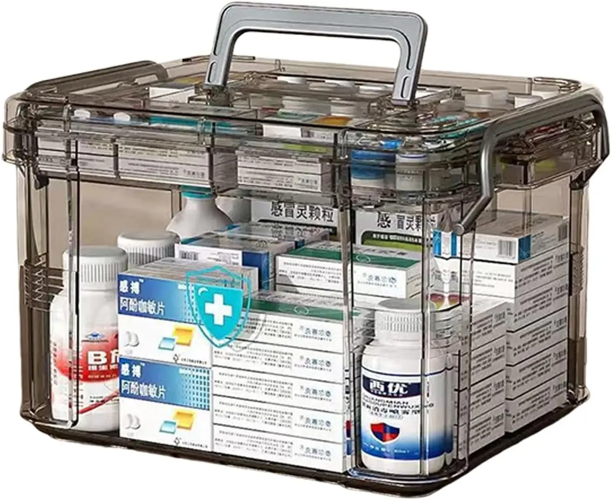 Gray Medicine Storage Box with Handle for Organizing Pills and Supplements