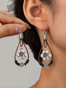 Bohemian Turquoise Beaded Flower Pendant Earrings, Dual Layer Leather Cord, Perfect for Daily Wear, Vacation Gifts, Festive Season