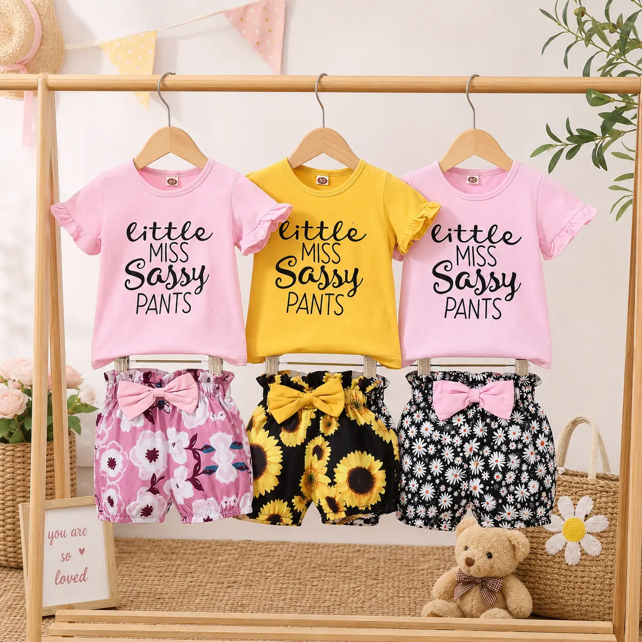 Kids Clothing Girls 2-Piece Outfit Set - Baby Girls Clothing, Soft Cotton Short-Sleeve Letter Print T-Shirt, Floral Print Shorts