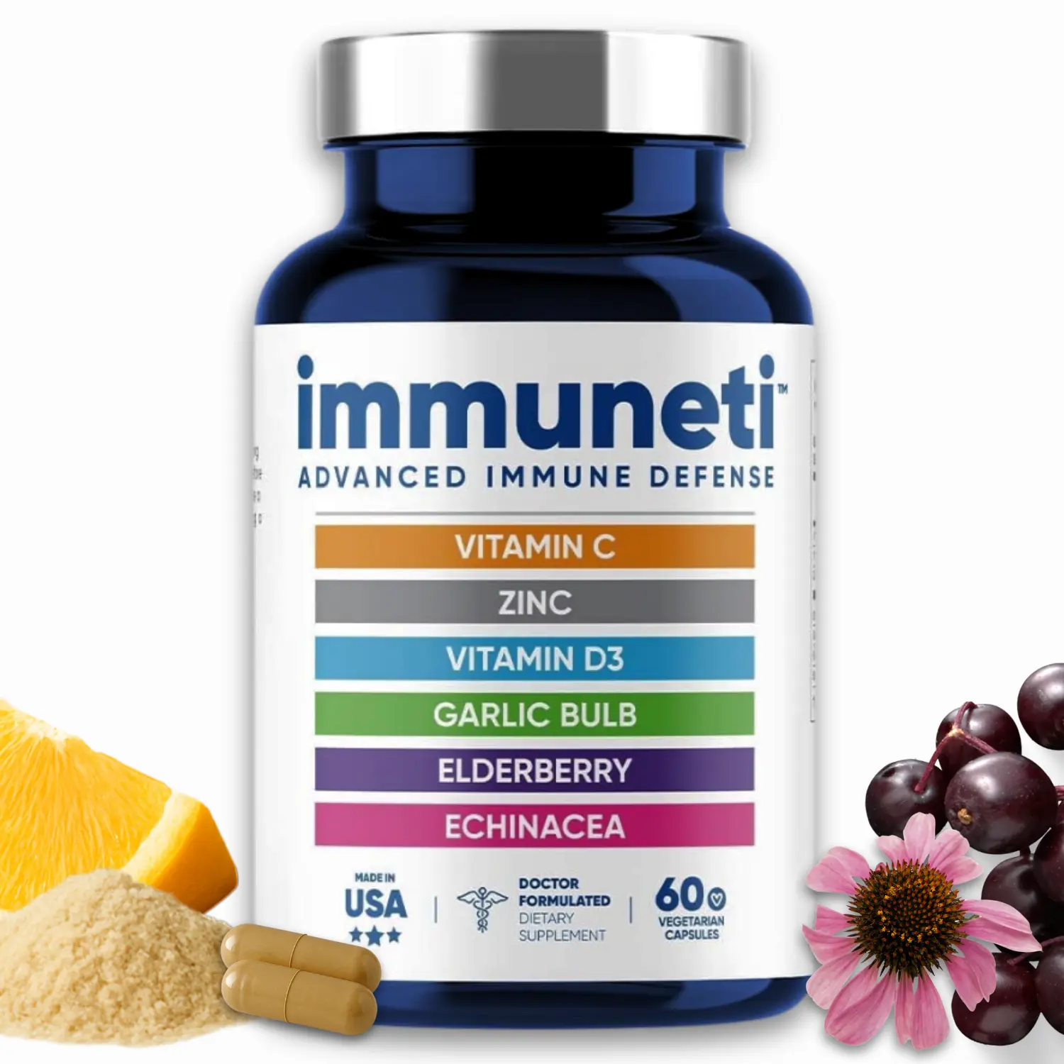 Immuneti Nutrition 6-in-1 Advanced Immune Support Supplement With Vitamin C, D3, Zinc, Elderberry, Garlic & Echinacea