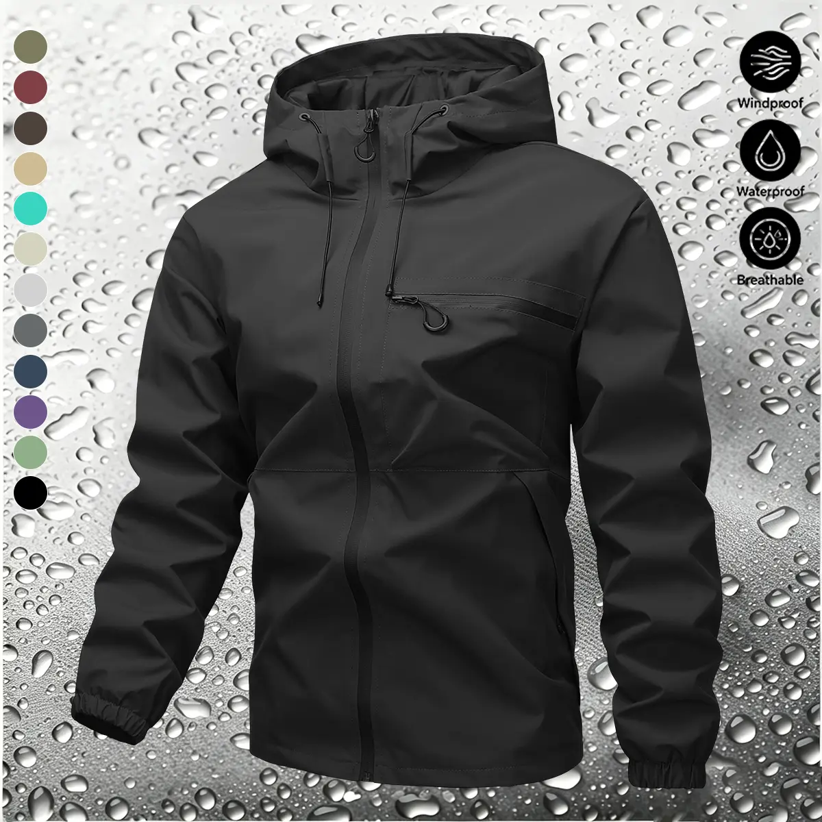 Men's Elegant Plain Longsleeves 100% Polyester Lightweight Breathable Weatherproof Hardshell Hooded Jacket - Cargo Design, Zippered Pockets, Elastic Cuffs, Zippered Closure for Outdoor Hiking, Commuting