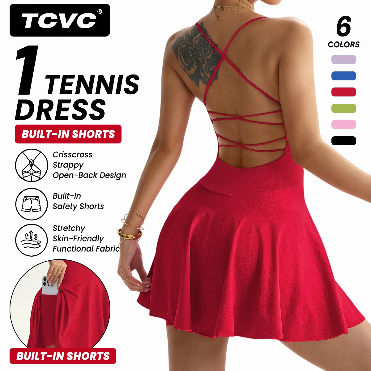 TCVC Women's Cross Back Tennis Dress with Built-in Shorts & Pockets, Sleeveless Breathable Workout Active Dress for Golf Yoga Daily Wear