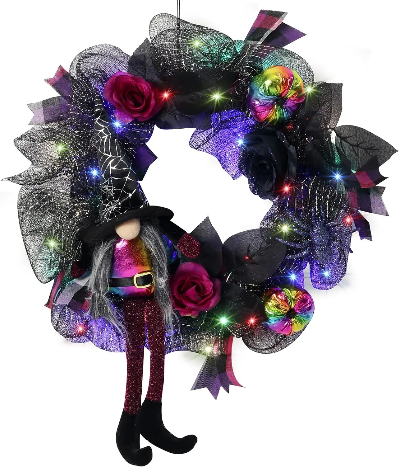 Lighted Halloween Wreath for Front Door, 20” Witch Gnome Halloween Wreath with LED Lights, Handmade Mesh Door Decoration, Indoor Outdoor Halloween Decor