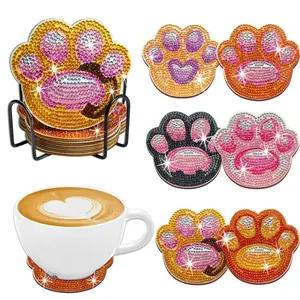 DIY Diamond Arts Colorful Painting Coaster Set, 6 Counts/set Cute Dog Paw Pattern Coaster with Holder, Non-slip Placemat, Craft Set, Handmade Gift, Diamond Painting Coasters
