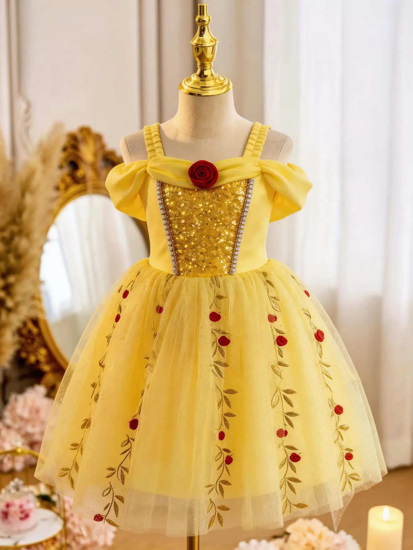 Kids' Yellow Sweet Rose Embroidery Toddler Tutu Dress, Little Girl Birthday Party Outfit with Airy Twirl Skirt & Golden Sequin Glam