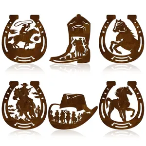 Western Wall Decor Wooden Art Set, Country Cowboy Hat Boots Decoration, Horse Saddle Cute Horse Design Forest Deer Bear Ornament, Rustic Home Bedroom Kitchen Vintage Decor