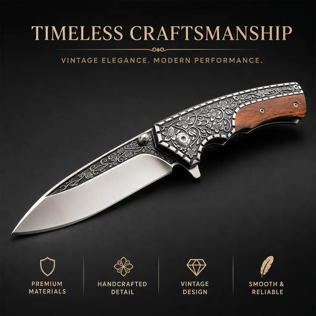 Elegant Vintage Rose Floral Engraved Folding Pocket Knife, Rose Wood Handle, 50-Degree Sharp Blade, Portable EDC Utility Tool, Premium Collectible Gift for Knife Collectors, Camping Enthusiasts