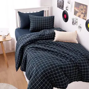 Wake In Cloud - Grid Duvet Cover Set, Plaid Checkered Farmhouse, 100% Washed Textured Bedding Set, 3 Pieces, Navy Blue, Twin/Twin XL Size