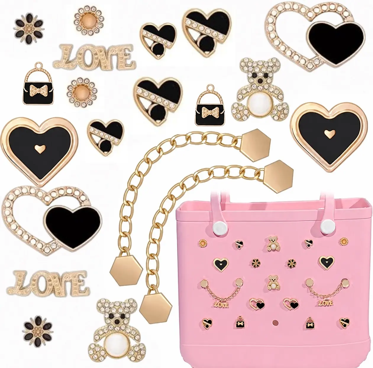 20 Pcs Collectible Bag Accessory Detachable Purse Accessories Charms - Butterfly, Flower, Bear, Black Heart, Beige, Bling Chain Inserts for Bogg, Simply Southern Rubber Totes, Footwear, Beach Use, Birthday Gifting, Detachable Accessory Charm