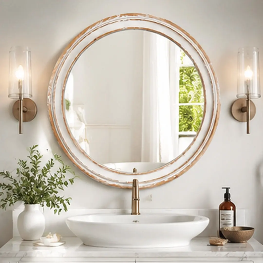 23.62 Inch Round Wall Mirror, Farmhouse Wooden Circle Mirror for Bathroom Vanity, Distressed Whitewash Edge Decorative Mirror for Bedroom, Entryway, Living Room, Office, Antique Natural MDF Glass, Easy Mount, Antique Natural Color Options