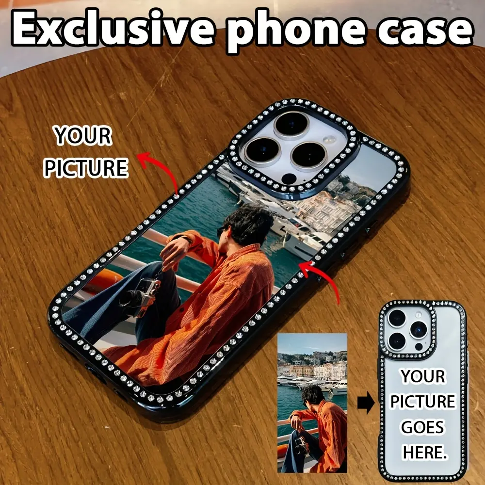 Custom Photo Phone Case – Please Send Image After Purchase.Custom Photo Phone Case with Diamond-Embellished Frame & Full Print – Black/White (2 Colors), Shockproof, Scratch-Resistant, Slim Fit for iPhone 17/16/15/14/13/12/11 All Pro/Plus/Max Models.