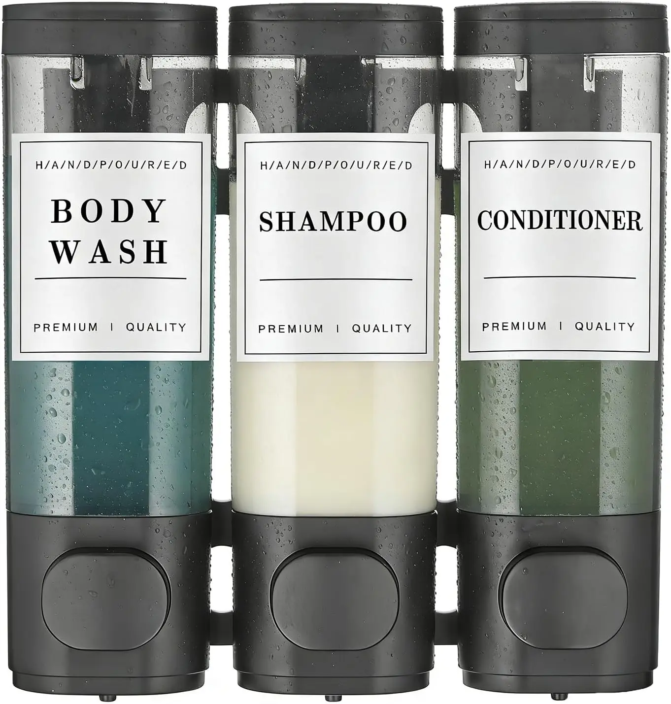 Black 3-Chamber No-Drill Wall Mount Manual Pump Shower Soap Dispenser, Sturdy Large-Capacity Bathroom Organizing Pump Bottle Set for Shampoo, Conditioner, Body Wash