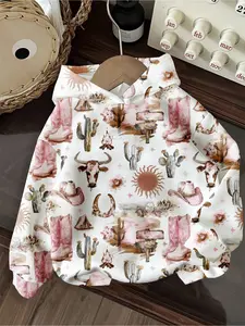 Bandit Top Vintage Western Cowboy Pattern, Back-To-School Printed Women Fitted Long Sleeve Hoodie, Sweatshirts, Womenswear, Fashion Hoodies, Fall & Winter Streetwear, Casual Everyday Individuality Trendy