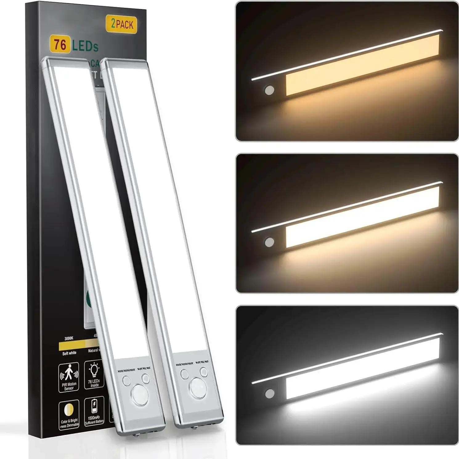 Motion Sensor Under-Cabinet Lights - 1500mAh USB-C Secondary Rechargeable Dimmable 160-Lumen Lamps with Auto-Shut Off, Magnetic Base, Adhesive Metal Plates for Kitchen, Wardrobe, Sink Cabinet, Stairs, Pantry
