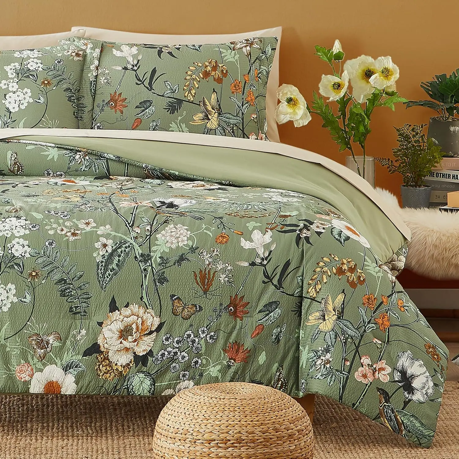 Melex Home | King Size Comforter Set-7 Pieces Floral Green Bed in a Bag Queen Bedding Set | All Season Botanical Texture Flowers Comforter Set with Sheets, Pillowcases & Shams microfiber