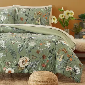 Twin Comforter Set - 5 Pieces Green Floral Bedding Sets, Twin Bed in a Bag with Botanical Butterfly Comforter, Sheets, Pillowcases & Shams for All Seasons