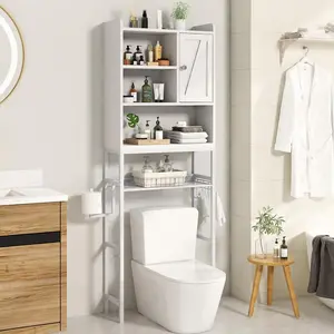 AWQM Over The Toilet Storage Cabinet, Freestanding Bathroom Organizer with Adjustable Shelf & Paper Hook, Space-Saving Toilet Rack, White/Rustic Brown, Retro Style