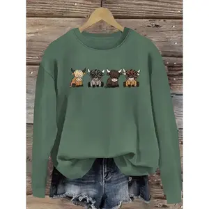 Cozy Cartoon Cow Print Sweatshirt — Women’s cozy polyester sweatshirt with a cartoon cow print — casual round neck, long-sleeve pullover | machine washable, perfect for fall/winter