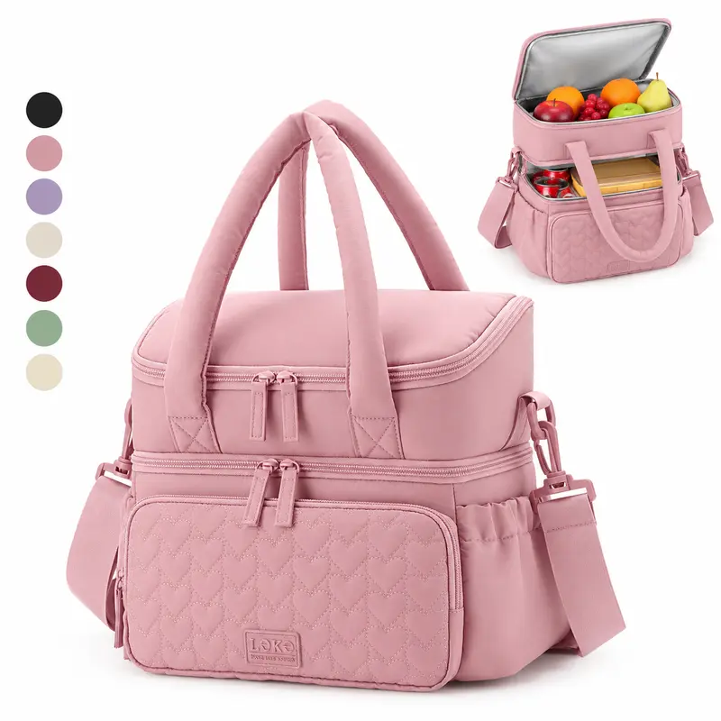 Women's 9L Doubledeck Compartmented Insulated Lunch Bag - Thermal Quilted Puffer Tote, Leakproof Waterproof Zip-Closure, Cute Elegant On-the-Go Bag for Work, Picnic, Cute Lunch Bags, Elegant Lunch Bags