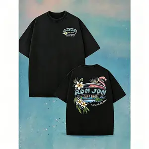 Tropical Flamingo & Surfboard Graphic Print, Dual-Sided Beach Carnival Design, Crew Neck Short Sleeve for Men & Women, Summer Surfing, Parties, Beachwear (Machine Washable)Unisex Graphic Casual Short Sleeve Crew Neck,Shirt for Men & Women